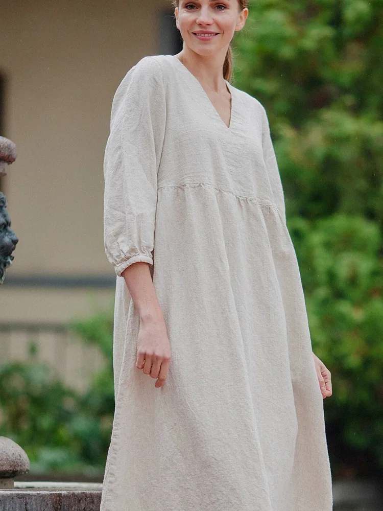 Long Sleeve Women Casual 100% Linen Dress