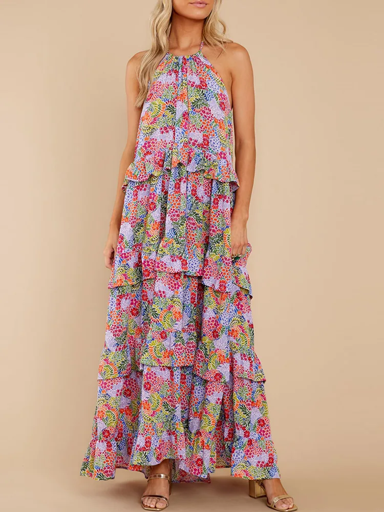 Women Elegant Floral Print Cotton Maxi Dress
