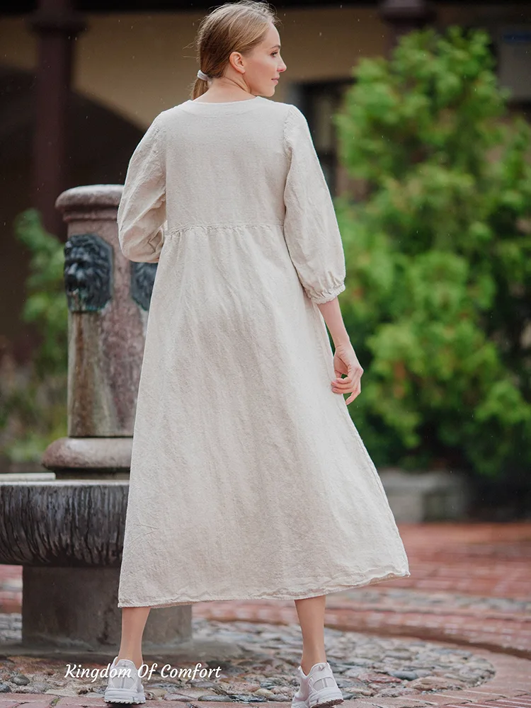 Long Sleeve Women Casual 100% Linen Dress