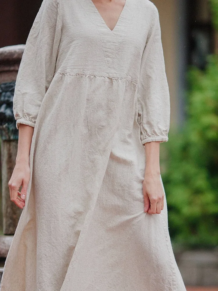 Long Sleeve Women Casual 100% Linen Dress