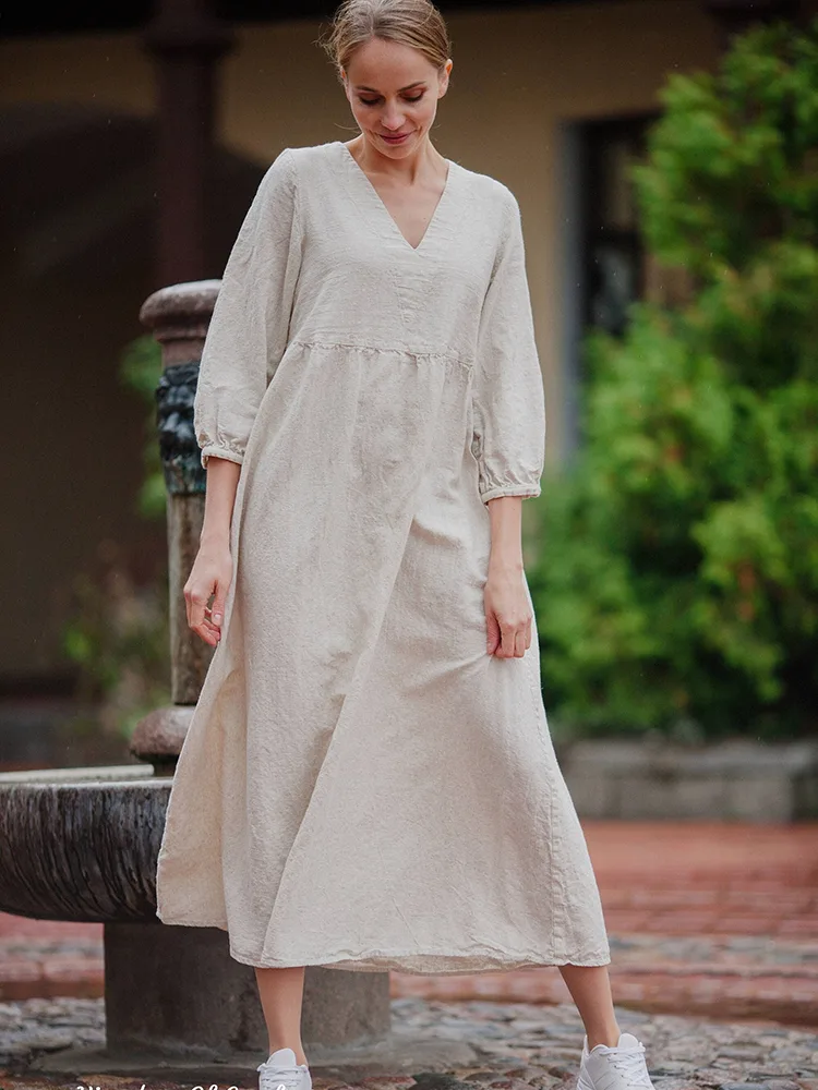 Long Sleeve Women Casual 100% Linen Dress