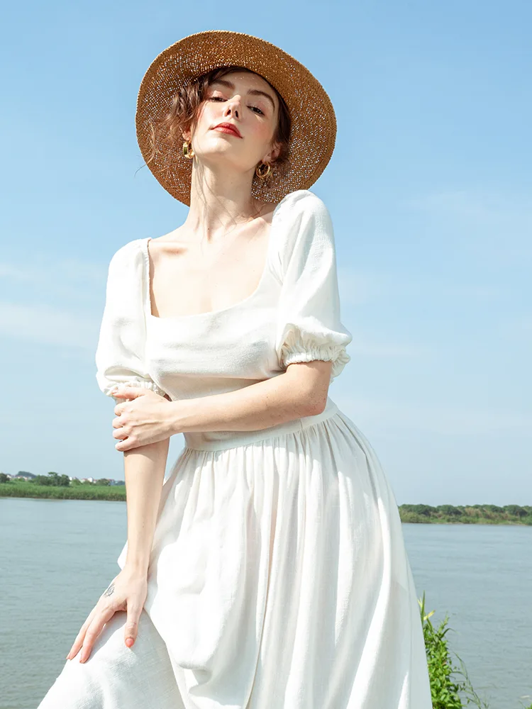 Ruffle Cotton Linen Blend Midi Dress