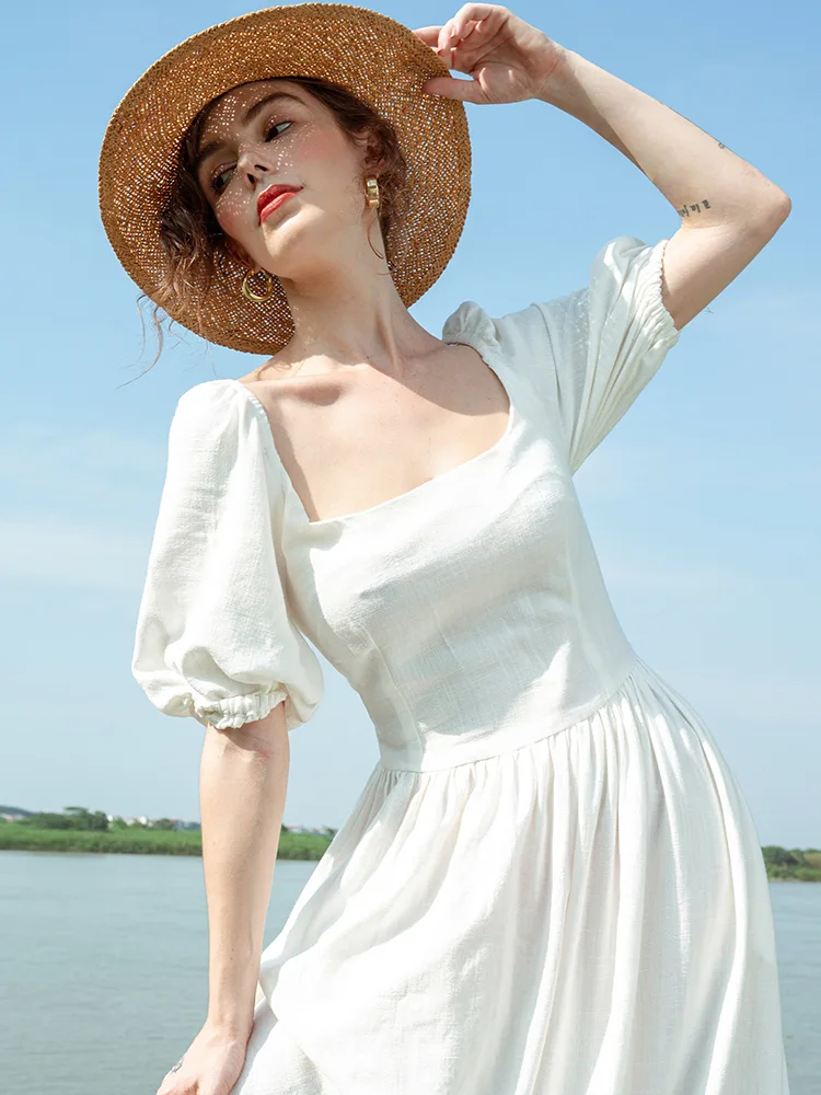 Ruffle Cotton Linen Blend Midi Dress