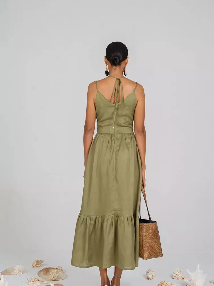 Lady Deep V Neck Long Casual Linen Dress