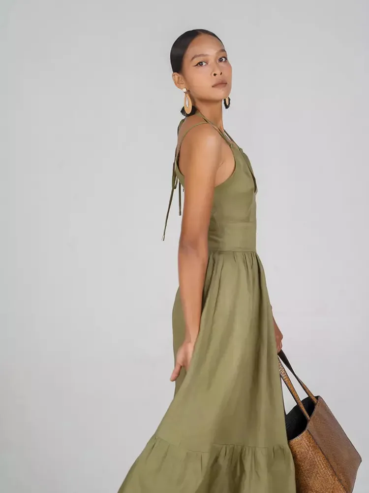 Lady Deep V Neck Long Casual Linen Dress