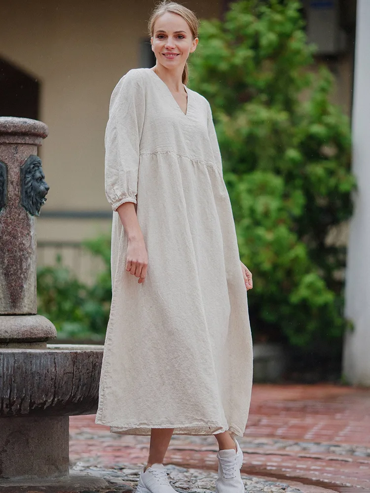 Long Sleeve Women Casual 100% Linen Dress